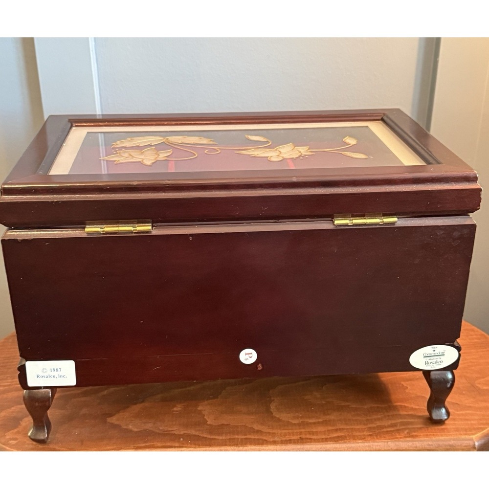 Rosalco Commodore Jewelry Box Chest Wood Etched Floral Glass Top Velvet‎ Vintage - Picture 10 of 12
